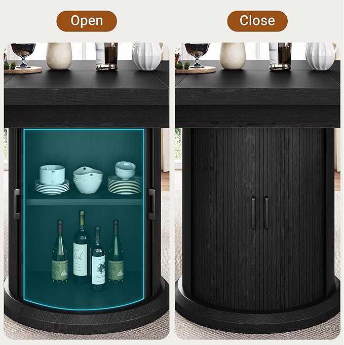 47″–63″ Extendable Round Dining Table for 4–8 with Dust-Proof 2-Tier Storage Shelf Space Saving Expandable Wood Oval Circle Dinner Furniture with Pedestal Base (Black)