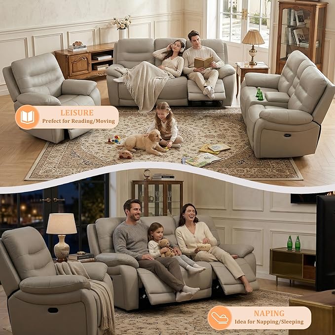 Power Reclining Loveseat, 2-Seater Genuine Leather Recliner Couch, Light Grey Top Grain Leather Sofa with Cup Holders/Storage/USB Port for Living Room, Apartment, Office