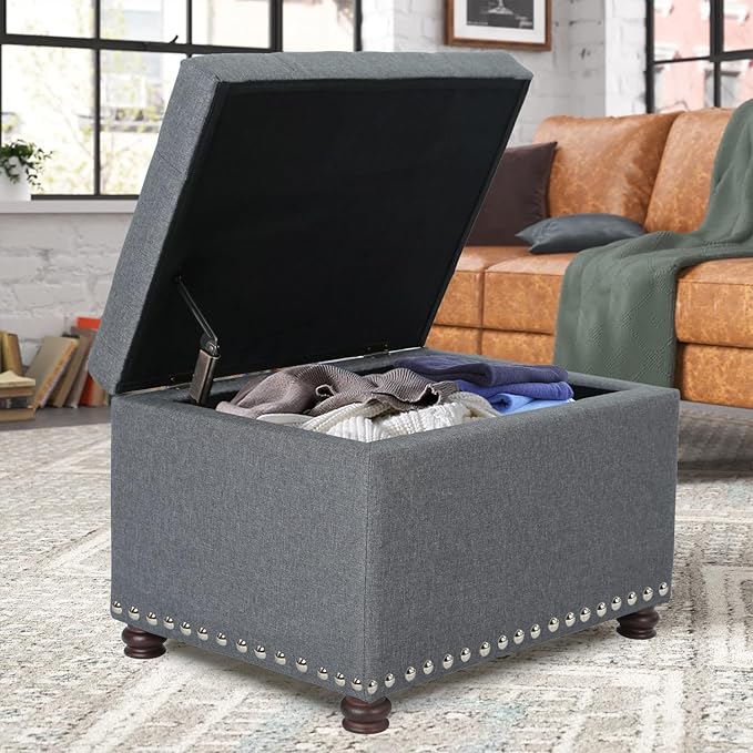 Adeco Classy Linen Blend Fabric Accents Rectangular Storage Bench Ottoman Footstool, Footrest Side Table for Living Room Bedroom, Gray