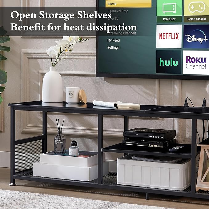 VECELO TV Stand with Power Outlets for Televisions up to 80Inch, 70" Media Entertainment Center with Charging Station 3-Tier Open Storage Shelves with Metal Frame for Living Room/Bedroom，Black