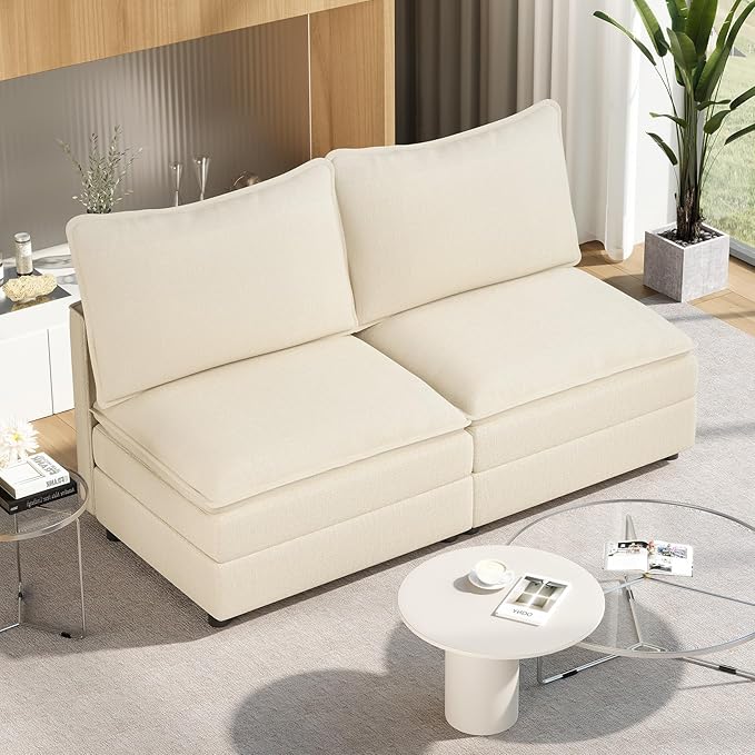 Vesgantti 74" Loveseat Sofa Without Armrest, Comfy Cloud Couch for Living Room Deep Seat Chenille Modern 2 Seater Small Sofa, Extra Seats for Modular Couch, Beige | Sink-in Comfort, Height Adjustable, Easy Rearrangement, Extra-deep Ottoman, Solid Wood ...