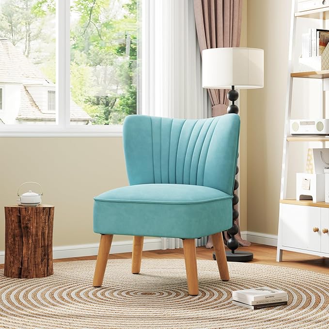 KOMFOTT Velvet Accent Chair Set of 2, Modern Armless Sofa Chair with Solid Rubber Wood Legs, Wingback Leisure Chair with Thick Cushion, Upholstered Side Chair for Living Room, Bedroom, Turquoise