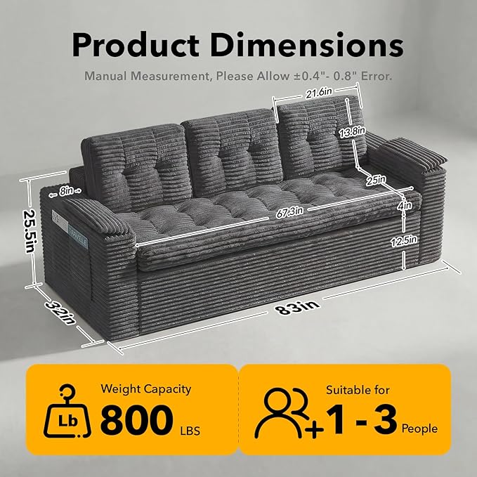 83" Boneless Couch, 3 Seater Cloud Corduroy Sofa in a Box with Deep Tufted Cushions, Zero Assembly, Removable Washable Cover, Family-Friendly Living Room Couch, Dark Grey
