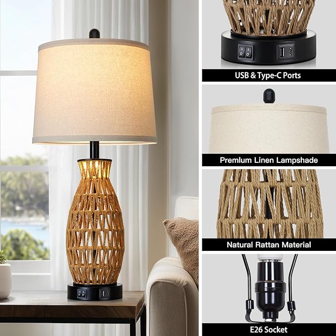 27" Rattan Table Lamps Set of 2 with Night Light, Boho Wicker Bedside Lamp for Bedroom with USB A+C Ports, Coastal Handwoven Woven Nightstand Lamps, Nautical Living Room Lamp for End Table