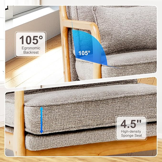 Modern Accent Chair Set of 2 with Lumbar Pillow, Relaxing Mid Century Chair Armchair with Solid Wood Frame & Soft Cushion, Reading Leisure Armchair for Living Room, Grey