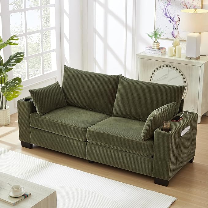 Eafurn 78" Corduroy Loveseat Sofa, Modern 2 Seater Couch with Dual Cup Holders & USB Charging Ports, Comfy Upholstered Small Sofa with Side Storage Pockets for Apartment, Living Room
