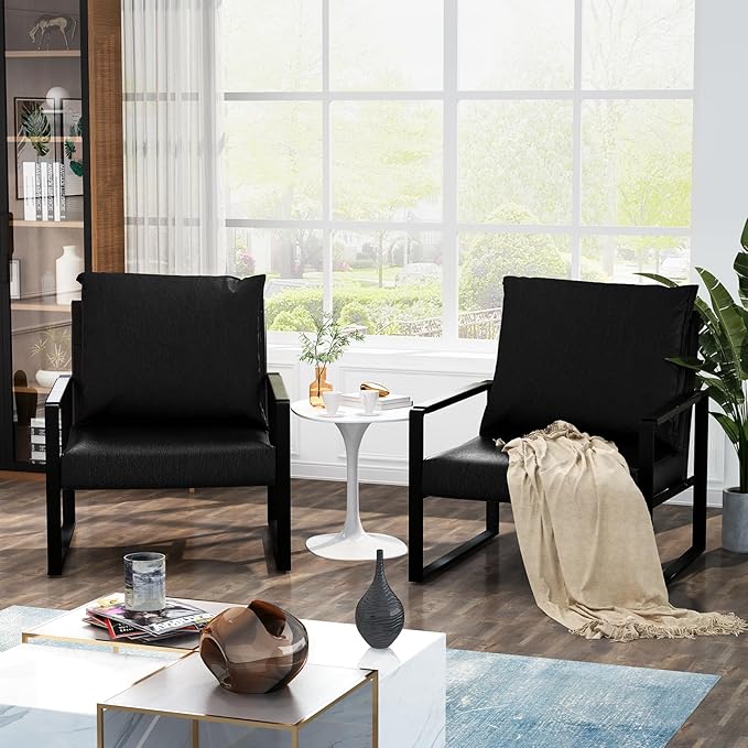 AWQM Modern PU Leather Accent Chair Arm Chair with Extra-Thick Padded Backrest and Seat Cushion Sofa Chairs for Living Room Bedroom, 105 Degree Slant Back, Non-Slip Adsorption Feet-Black（Set of 1）