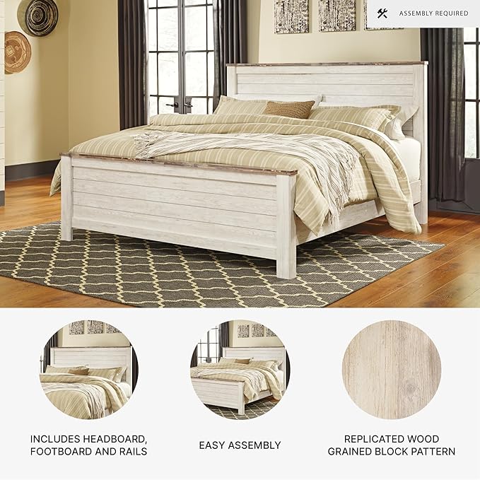 Signature Design by Ashley Willowton Casual King Panel Bed with Metal Slats, Foundation or Box Spring Needed, Whitewash