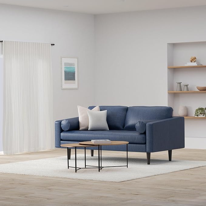 Poly & BARK Napa 72" Leather Sofa – Full-Grain Italian-Tanned Aniline Leather, Feather-Down Comfort, Solid Wood Frame, Walnut Legs, Midnight Blue