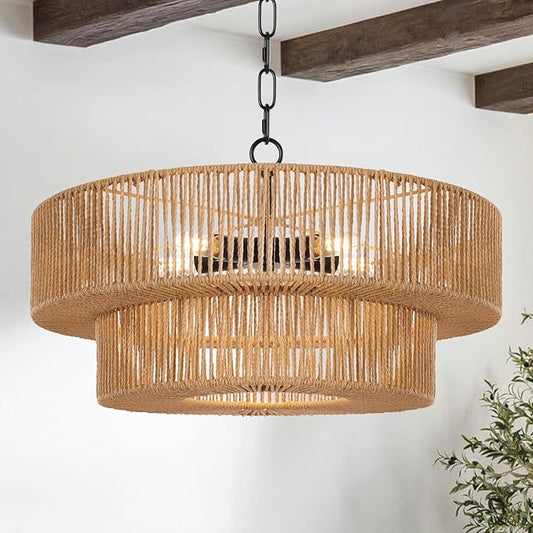 LamQee 22 Inch Farmhouse Rattan Chandeliers, 5 Lights Boho Chandelier Light Fixture with Hand Woven Wicker Shade, Large Rattan Pendant Lights Ceiling Hanging Lighting for Dining Room Kitchen Island