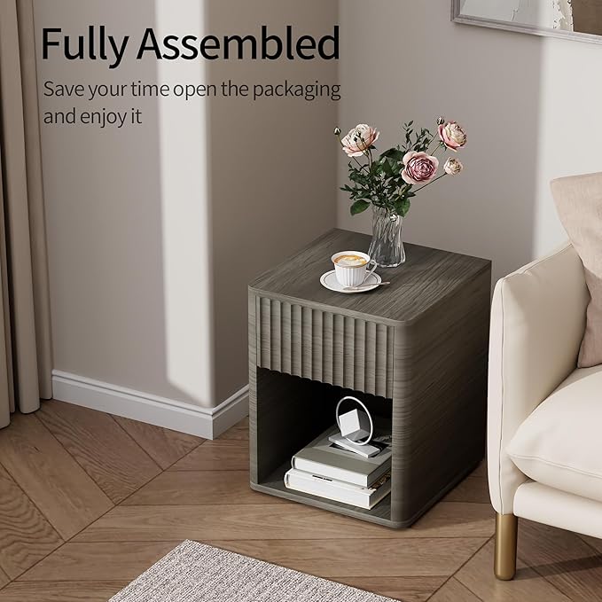 VICITON Fluted Narrow Night Stand,Thin Nightstand with Leather Surface, Small End Table with Storage, Living Room/Bed Side Table for Small Spaces (Gray, Large)