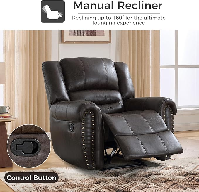 EBELLO Faux Leather Manual Recliner Chair, Classic Single Reclining Chair with Comfortable Armrest and Backrest, Vintage Rivet Mid-Century Design for Living Room, Bedroom, Dark Brown