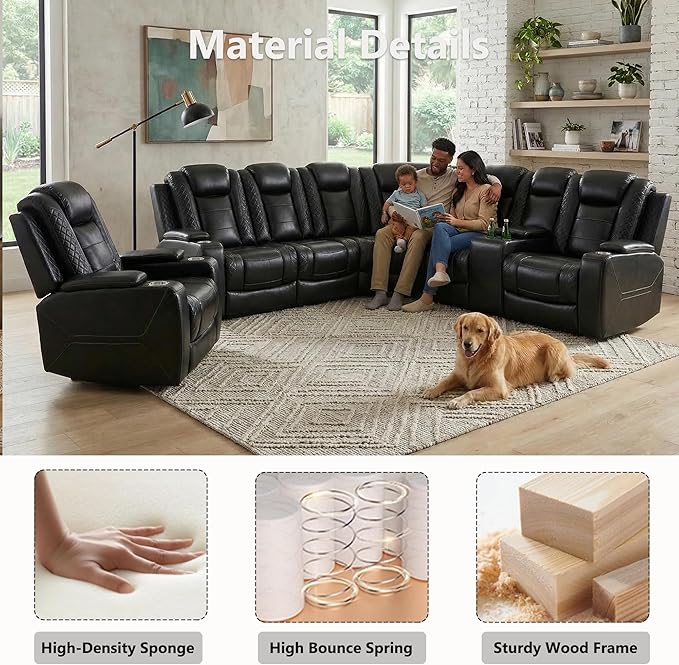 Air Leather Recliner Sectional Sofa Set, Power Reclining Sectional Couch for Living Room, L Shaped Recliner Corner Couch and Single Chair with LED Lighting, USB Port&Storage (Black Pro)