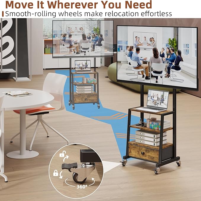 Rolling TV Stand with Wheels and Mount & Fabric Drawer - Entertainment Center with Power Outlet and Small TV Stand for Bedroom, Living Room - 15" Rustic Brown
