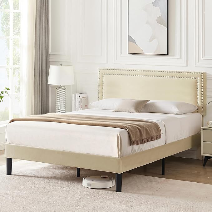 Queen Size Platform Bed Frame with Height Adjustable Upholstered Headboard, Modern Mattress Foundation,Strong Wood Slat Support, No Box Spring Needed, Easy Assembly