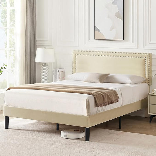 Queen Size Platform Bed Frame with Height Adjustable Upholstered Headboard, Modern Mattress Foundation,Strong Wood Slat Support, No Box Spring Needed, Easy Assembly