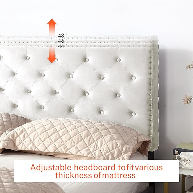 Full Upholstered Platform Bed Frame with 48" Tall Adjustable Headboard - Button Tufted Suede Velour Bed- Wood Slat Support with Storage Space- No Box Spring Needed - Beige - OLIVER & SMITH - Princeton