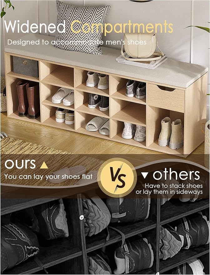 DINZI LVJ Shoe Bench, Entryway Storage Bench with Drawer and 14 Cubbies, Long Cubby Shoe Rack with Adjustable Shelves, Shoe Organizer for Living Room, Bedroom, Mudroom, Garage, Natural