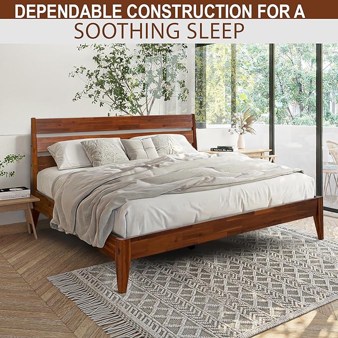 Acacia Emery Bed Frame with Headboard Solid Wood Platform Bed, King Size Bed Frame, Mid - Century Modern Wood Bed Compatible with All Mattresses, Easy Assembly, Non-Slip (Chocolate, King)