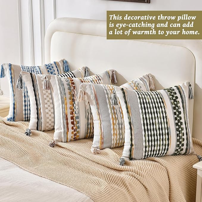AmHoo Chenille Striped Textured Boho Throw Pillow Covers Aesthetic with Tassels Woven Decorative Pillow Case for Couch Bed Sofa Bedroom Modern Funky 18 x 18-Inch Sage Green