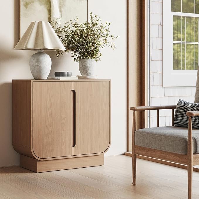 Nathan James Joey Mid Century Modern Storage Cabinet, Arched Accent Cabinet with Rounded Bottom Edges and Integrated Door Pull Cutouts, Raw Oak
