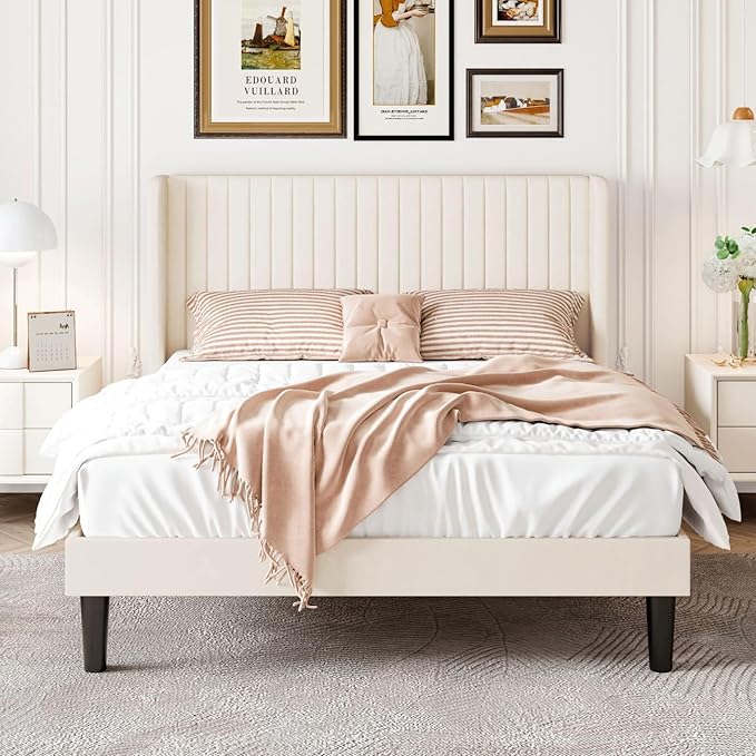 SHA CERLIN Queen Size Velvet Bed Frame with Vertical Channel Tufted Wingback Headboard, Upholstered Platform Bed with Wood Slats, No Box Spring Needed, Easy Assembly, Cream White