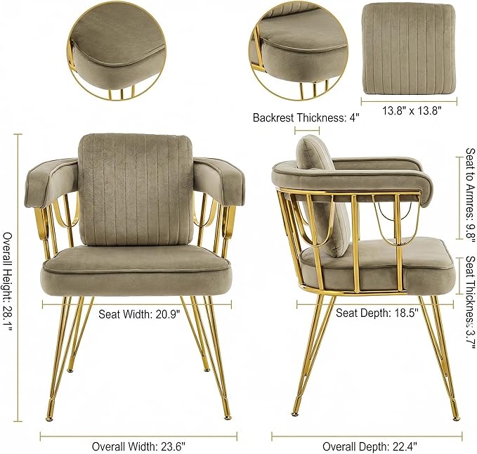 Set of 2 Desk Chair No Wheels Accent Makeup Vanity Chairs with Gold Back & Legs, Velvet Upholstered Armchair with Extra Pillow for Girls Bedroom Dressing Room Nail Salon Living Room, Greyish Brown