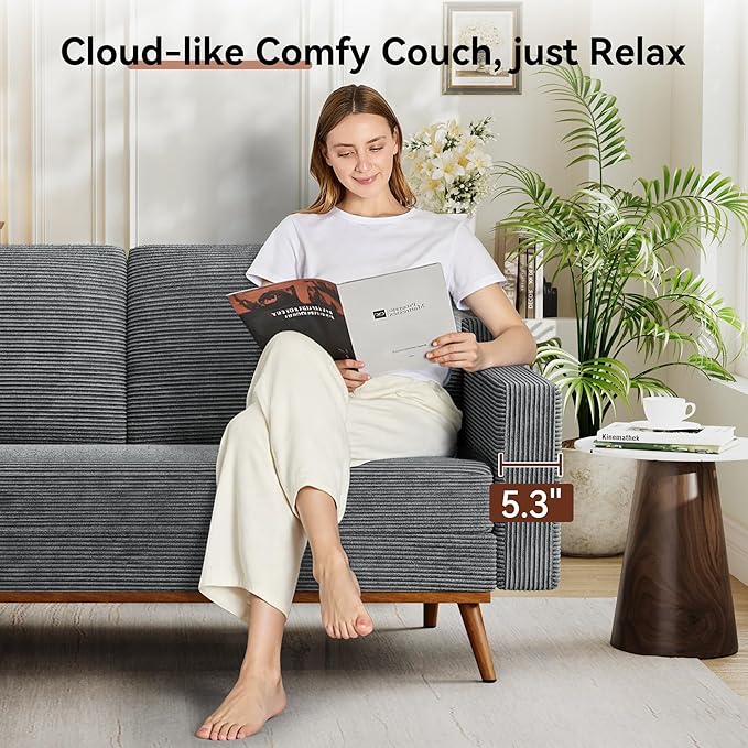 Vipbear 65.4" Loveseat Sofa Grey Corduroy Couch, Mid-Century Modern Small Couches for Living Room, Bedroom, Office, Comfy Sofa with Spring Cushion, Solid Wood Frame, Tool-Free Assembly