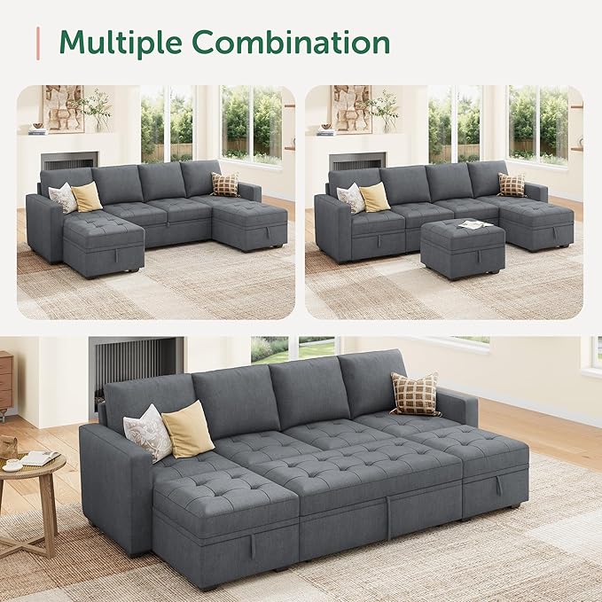 HONBAY Modular Sectional Sleeper Sofa with Pull Out Bed,U Shaped Couch with Storage Seat,Sectional Couches for Living Room,Bluish Grey