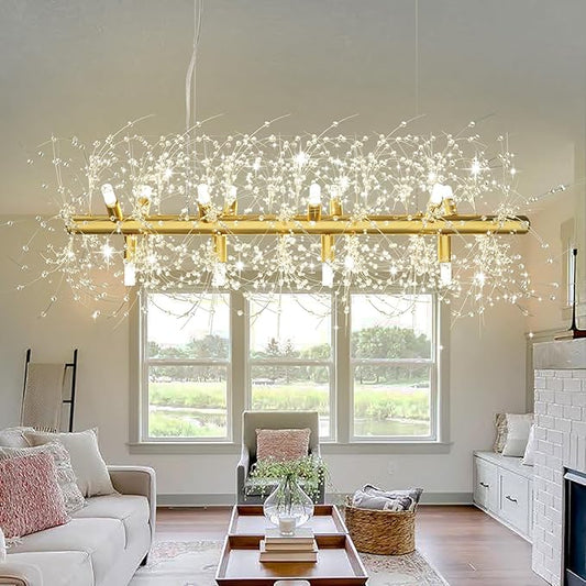 Depuley 35.4" Modern Gold Crystal Firework Chandelier, 12-Light Crystal Light Fixture Hanging, Linear Dandelion Chandelier, Sputnik Ceiling Pendant Light Fixtures for Dining Room(G9 Bulbs Included)
