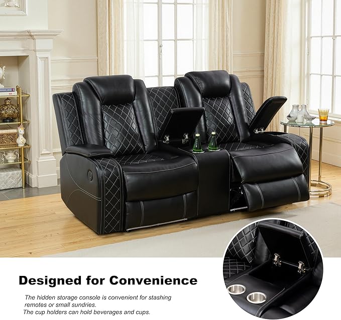 Breathing Leather Power Recliner Sofa Set, 2 Piece Leather Loveseat and Recliner Chair Set, Living Room Furniture Set with Storage Console/LED Lighting (Black, Loveseat+Chair)
