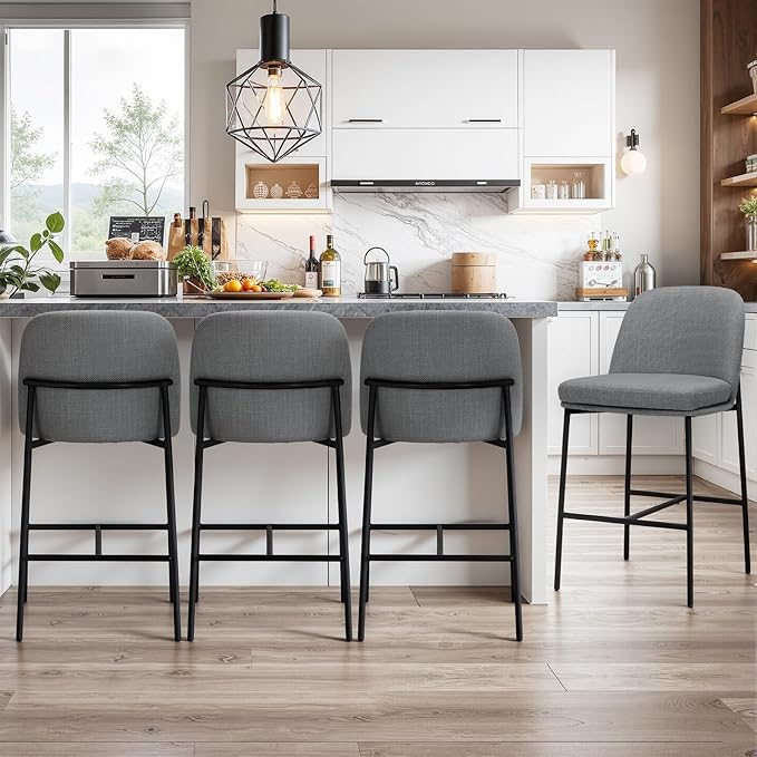 Bar Stools Set of 4, Modern Upholstered Counter Height Bar Chairs with Cushioned Seat and Curved Back, Fabric Kitchen Island Stools with Sturdy Metal Legs for Dining Room Island Bar, Dark Grey