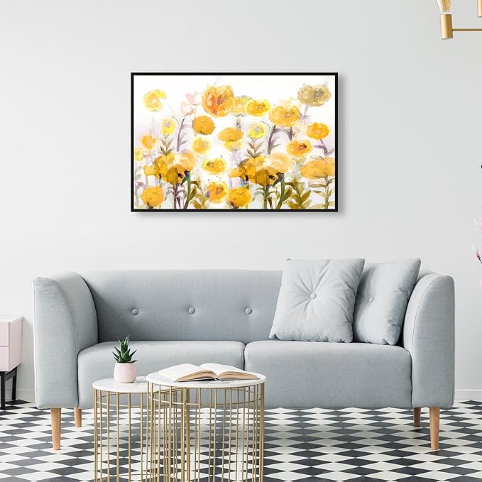 The Oliver Gal Artist Co. Floral and Botanical Wall Art Framed Canvas Prints 'Bella Garden Poppy Yellow' Gardens Black Floating Frame 30" x 20"