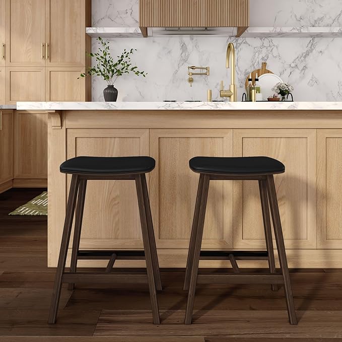 Plank+Beam Beryl Counter Height Stool - Mid-Century Modern Rubberwood Bar Stool with Faux Leather Seat, Metal Footrest, Easy Assembly, 4-Pack, Walnut/Black