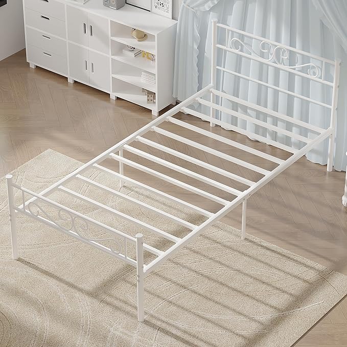 VECELO Twin Size Bed Frame with Headboard, 14 Inch Metal Platform Mattress Foundation, No Boxing Spring Needed, Squeak Resistant, Easy Assembly, Off White