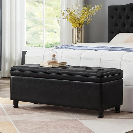Upholstered Ottoman with Storage,Entryway Bench with Tufted Buttons and Spindle Wooden Legs for Living Room,Bedroom,Black PU