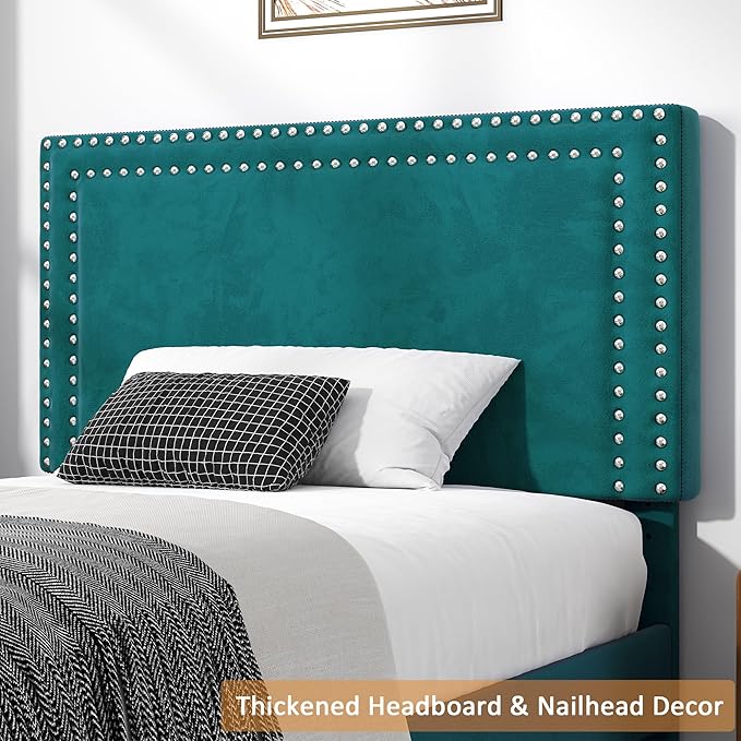 Twin Size Platform Bed Frame with Height Adjustable Upholstered Headboard, Modern Mattress Foundation,Strong Wood Slat Support, No Box Spring Needed, Easy Assembly