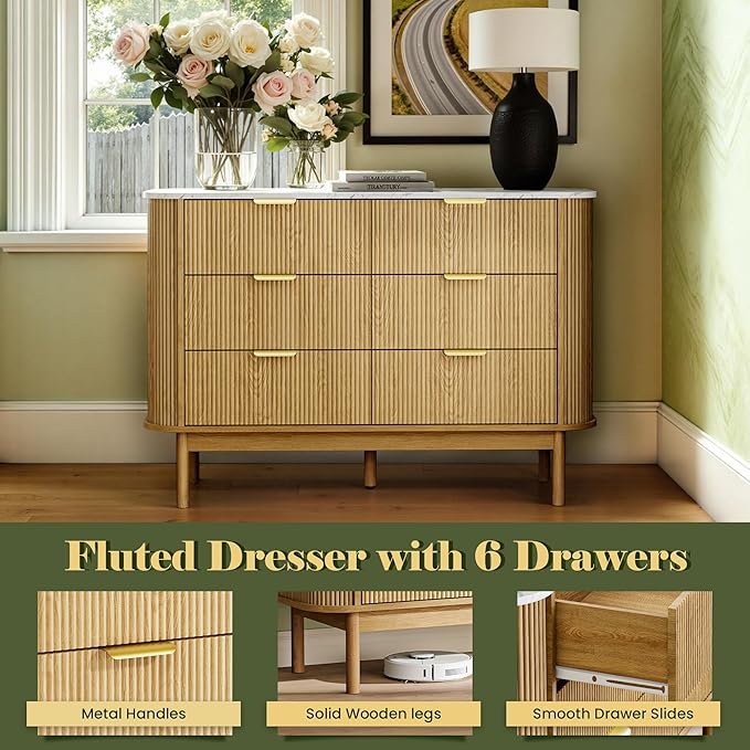 47" Fluted Dresser for Bedroom with 6 Drawer, Modern Chest of Drawers,Faux Marble Top & Curved Profile Design,Wood Drawer Storage Organizer for Living Room, Natural