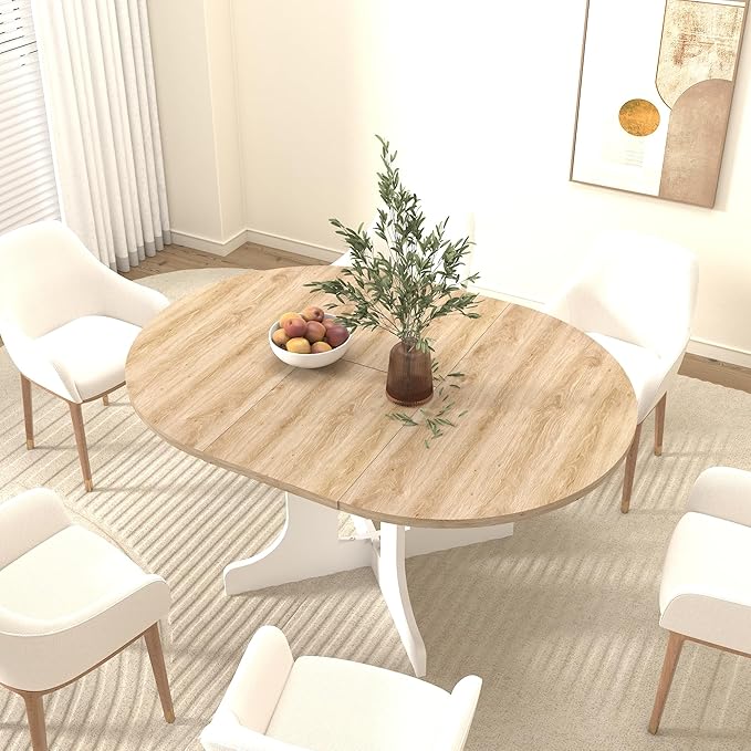 Ball & Cast Extendable Round Dining Table for 4-6,43.3-59" Transformer Kitchen Table W/Removable Leaf Trestle & X-Shaped Base,Farmhouse Oval Extendable Dining Room Table for Small Space,White Oak