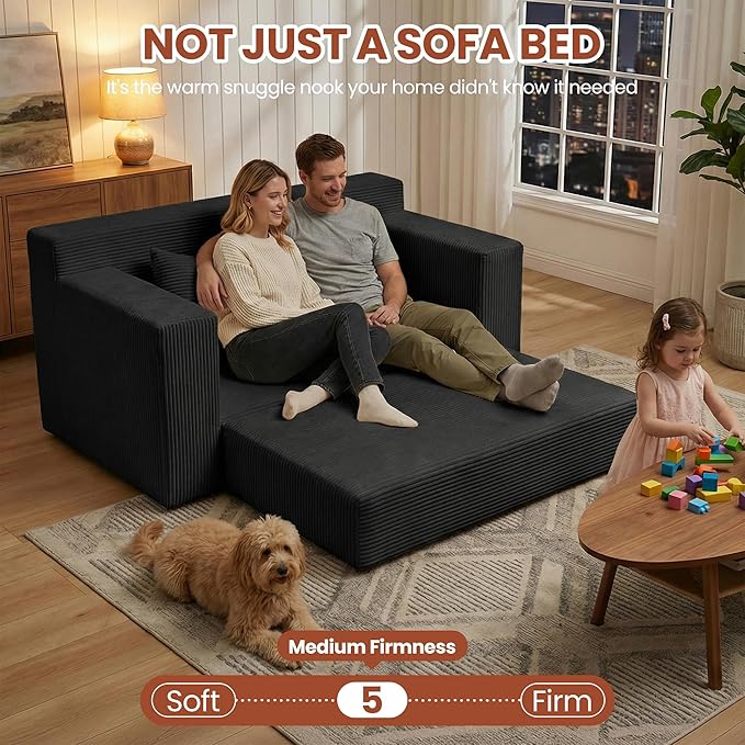 Convertible 5 in 1 Futon Sofa Bed Full Size, Corduroy Boneless Couch Sleeper Sofa with 4 Pillows, Foldable Pull Out Loveseat Floor Mattress for Living Room, Apartment, Small Space & Dorm