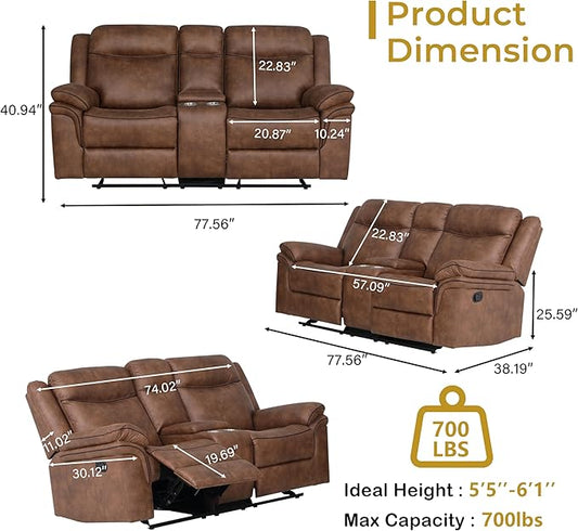 Faux Leather Rocking Loveseat Recliner with Console, Dual Reclining Sofa with Storage, 2 Cup Holders, USB Charging Ports & Power Outlets for Living Room, Meeting Room