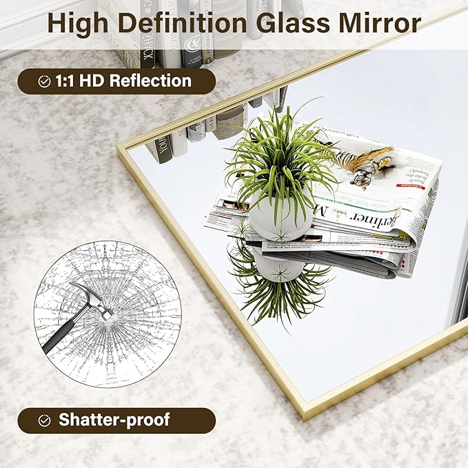 HARRITPURE 28"x20" Bathroom Mirror for Wall, Gold Framed Rectangle Mirror Aluminum Alloy Frame Wall-Mounted Horizontally/Vertically for Entryway/Bedroom/Vanity