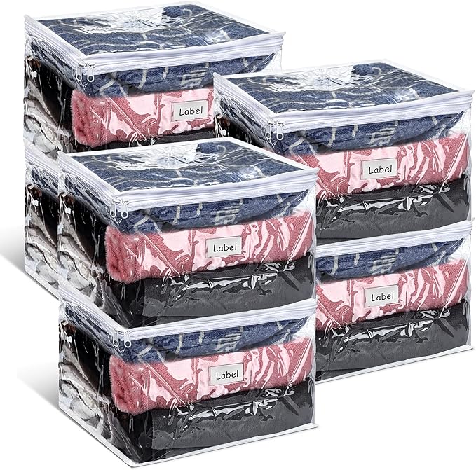 Hoolerry 6 Pieces Sweater Storage Bags Plastic Clear PVC Clothes Storage Bags with Zipper and Label for Blankets Clothes Closet Quilt Pillow Bed Sheet Organizer(12 x 12 x 12 Inch)