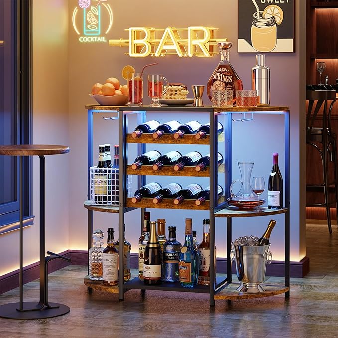 JKsmart Small Wine Bar Cabinet with LED Lights, Mini Wine Rack with Storage and Glass Holder, Home Bar Cart for Liquor, 3-Tier Bar Table for Kitchen, Dining Room, Living Room, Rustic Brown