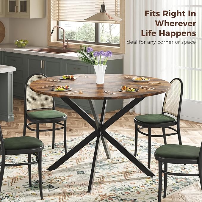Unovivy 47 Inch Round Dining Table for 4,Space Saving Circle Dining Table with Pedestal Metal Frame,Farmhouse Wood Round Kitchen Table for Living & Dining Room,Rustic Brown