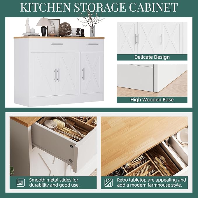Shintenchi Modern Farmhouse Sideboard Buffet Cabinet with Storage with 3 Doors,42" Barn Doors Buffet Cabinet with Storage, Wood Coffee Bar Cabinets with Adjustable Shelf for Kitchen Living Room,White