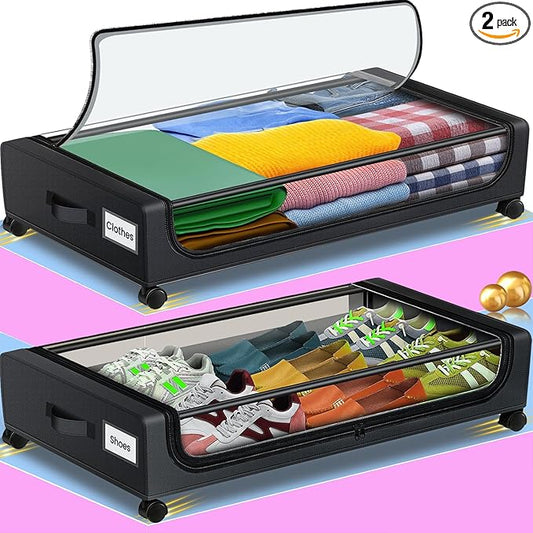 Jill Deaaa® Under Bed Storage with Wheels, 2Pack Under Bed Storage Containers with Clear Lids, XXL 60L Under Bed Shoe Storage Organizer,Dorm Bedroom Rolling Underbed Storage for Clothes, Toys, Blanket