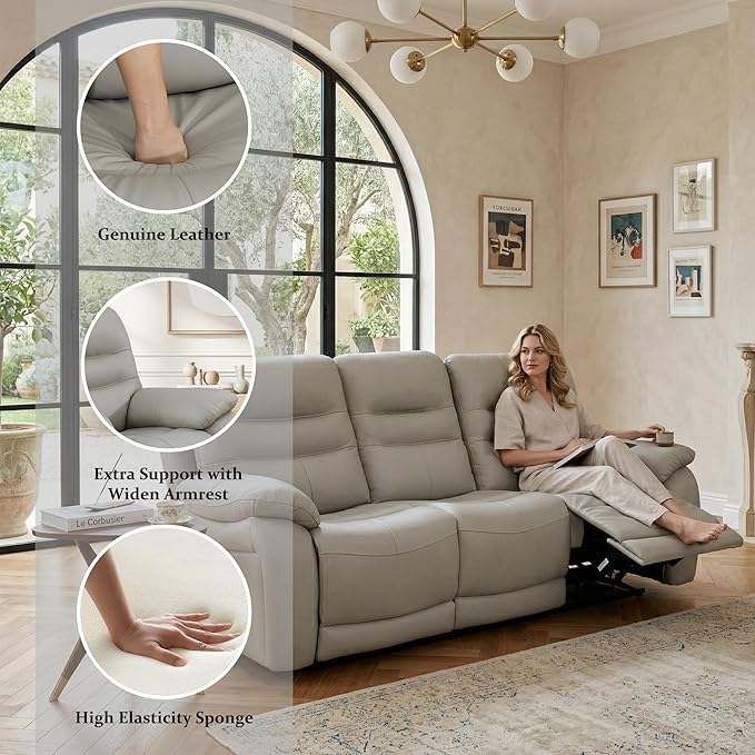 Genuine Leather Power Recliner, Single Seater Electric Reclining Chair, Light Grey Top Grain Leather Recliner with USB Port for Living Room, Apartment, Office