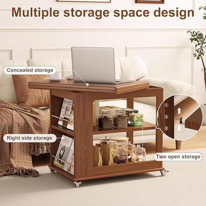Folding Dining Table with Wheels, Solid Wood Dining Table Stylish 2-Tier Design for 2-4,Walnut Hidden Storage for Living Room,Small Spaces, Dining Room, Kitchen