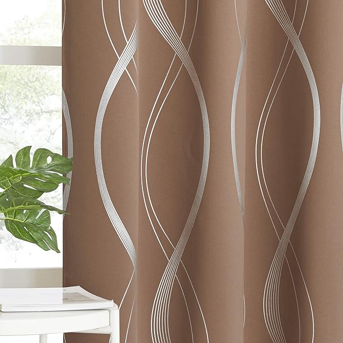 NICETOWN Bedroom Small Blackout Curtain Panels, Window Treatment Thermal Insulated Solid Grommet Blackout Wave Line Foil Print Design Drapes for Kitchen, Cafe, Loft (Cappuccino, Set of 2, 42" by 63")